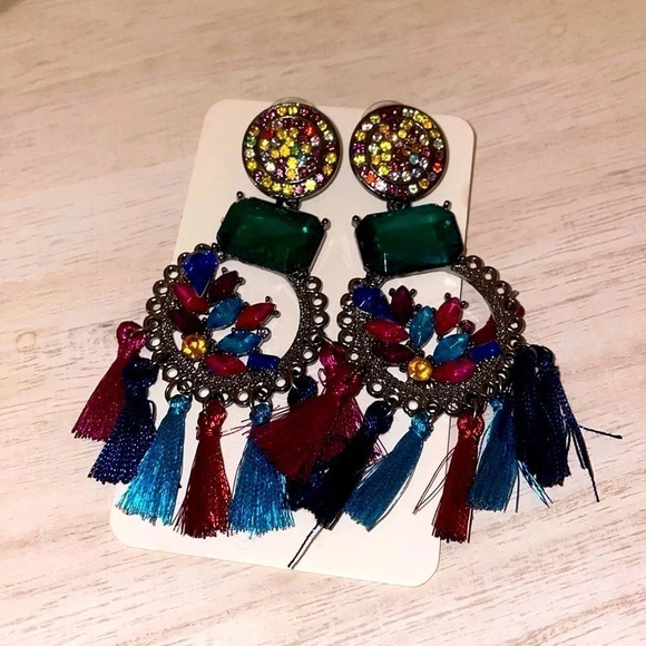 Women’s earrings Bold Statement dangle post back colorful tassels and stones - Picture 2 of 6